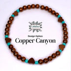 Copper Canyon design bracelet. The bracelet features copper-colored beads, turquoise beads, and heart-shaped copper charms. The design is displayed on a white background with a teal border. The text 'Design Option: Copper Canyon' are also visible.