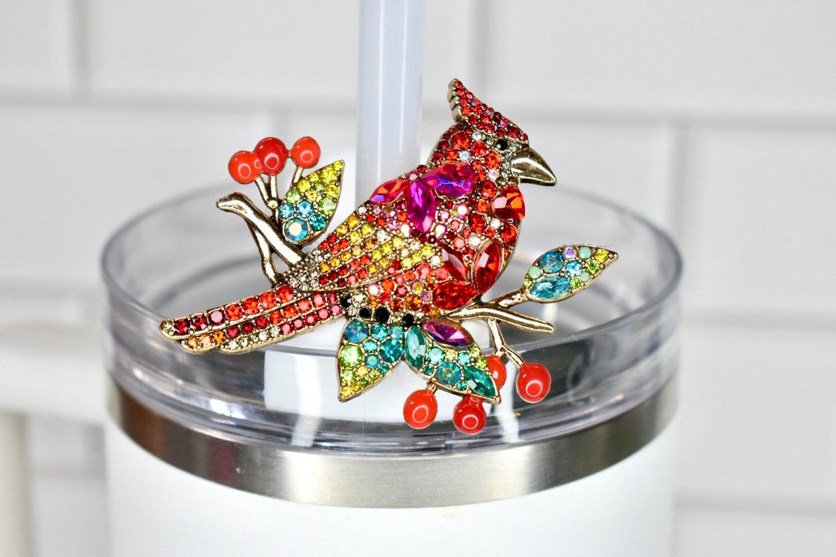 Cardinal Rhinestone Straw Charm - Colorful Bird Tumbler Jewelry