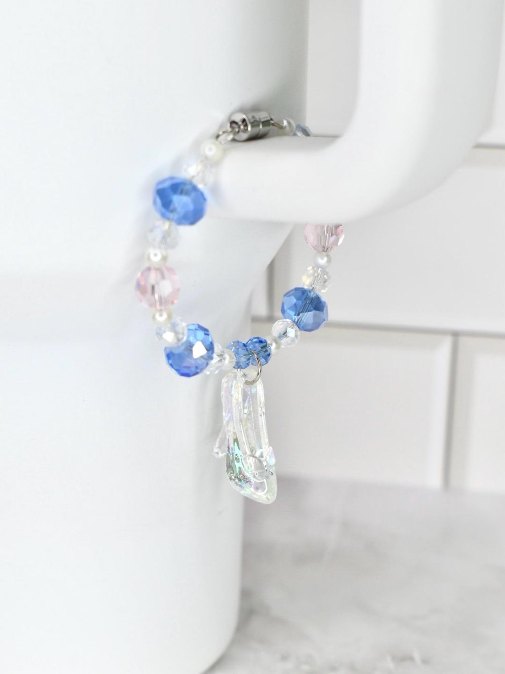 Cinderella Slipper Tumbler Handle Bracelet: Crystal and Iridescent Shoe Handle Charm
