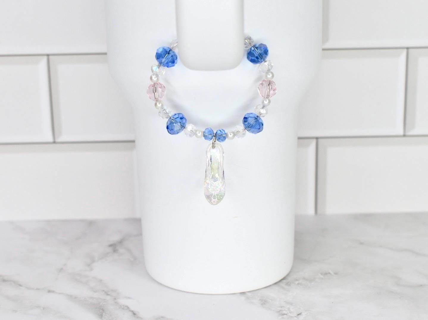 Cinderella Slipper Tumbler Handle Bracelet: Crystal and Iridescent Shoe Charm