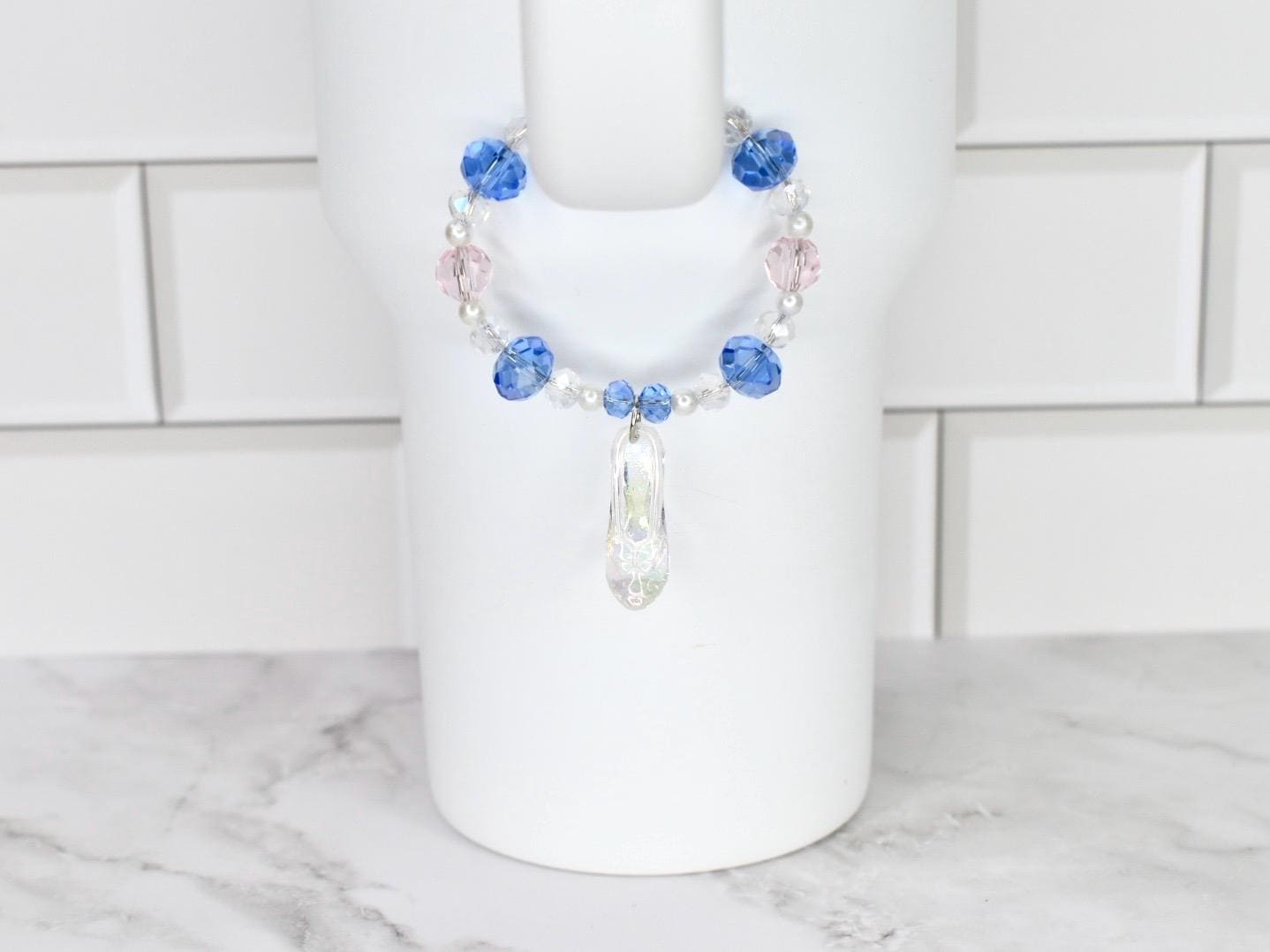 Cinderella Slipper Tumbler Handle Bracelet: Crystal and Iridescent Shoe Handle Charm