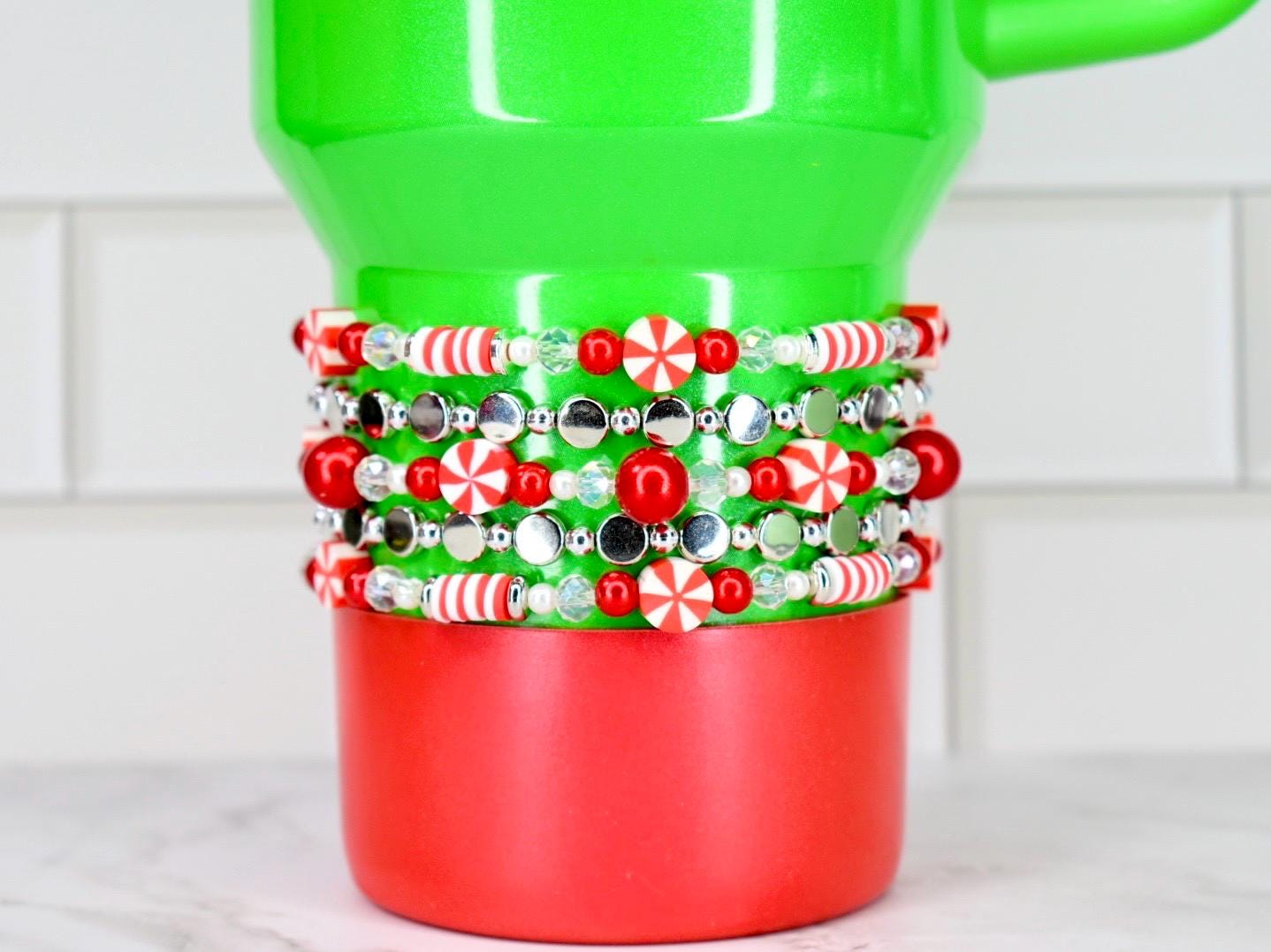 Red and White Candy Cane Twist Beaded Bracelet Collection