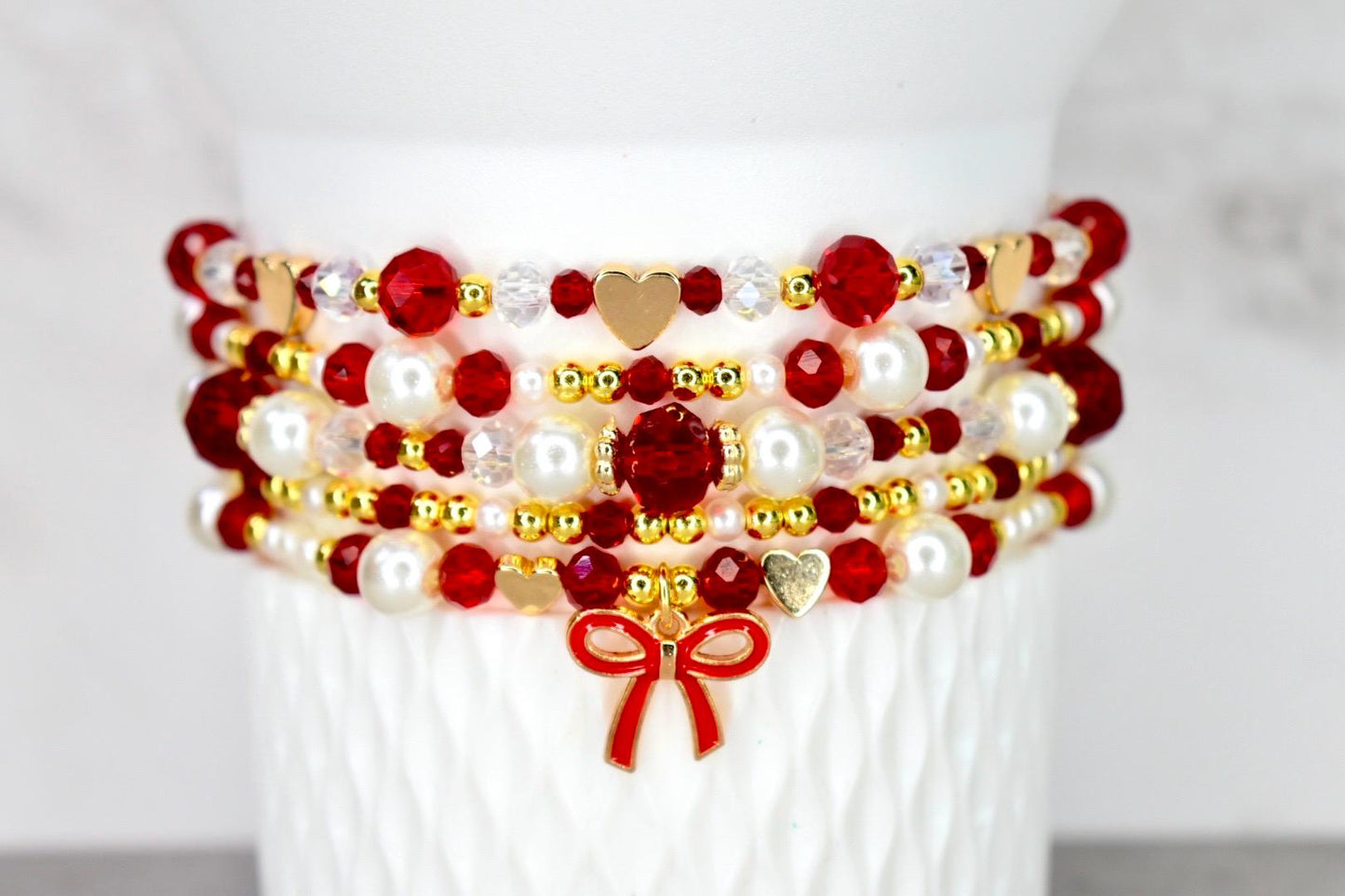 Red Ribbon Charm Bracelet Collection: Red, Gold and Pearl Beaded Bracelets