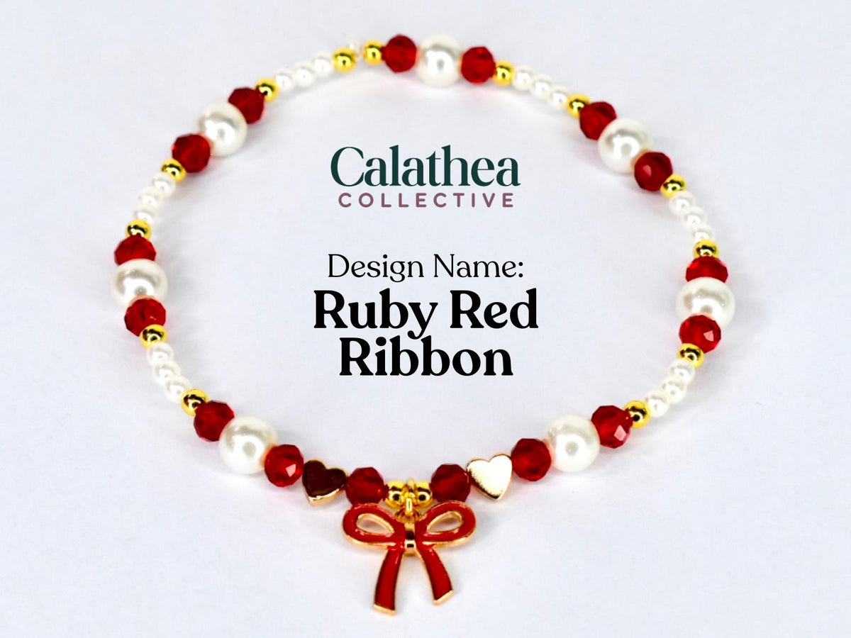 Red Ribbon Charm Bracelet Collection: Red, Gold and Pearl Beaded Bracelets