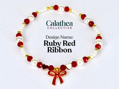 Red Ribbon Charm Bracelet Collection: Red, Gold and Pearl Beaded Bracelets