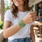 Handmade Beaded Collection Shamrock Design Bracelet Irish Themed Jewelry Festive Green Gold Colors Lucky Charm Accessory Holiday Celebration Wear Tumbler Decoration Option Stackable Wrist Accessory Elastic Stretch Band Quality Crafted Piece