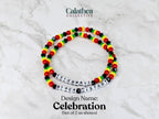 Two beaded bracelets with red, yellow, black, and green beads. One bracelet spells out "CELEBRATE" and the other "BLACK HISTORY" in white letter beads. The design name is "Celebration".
