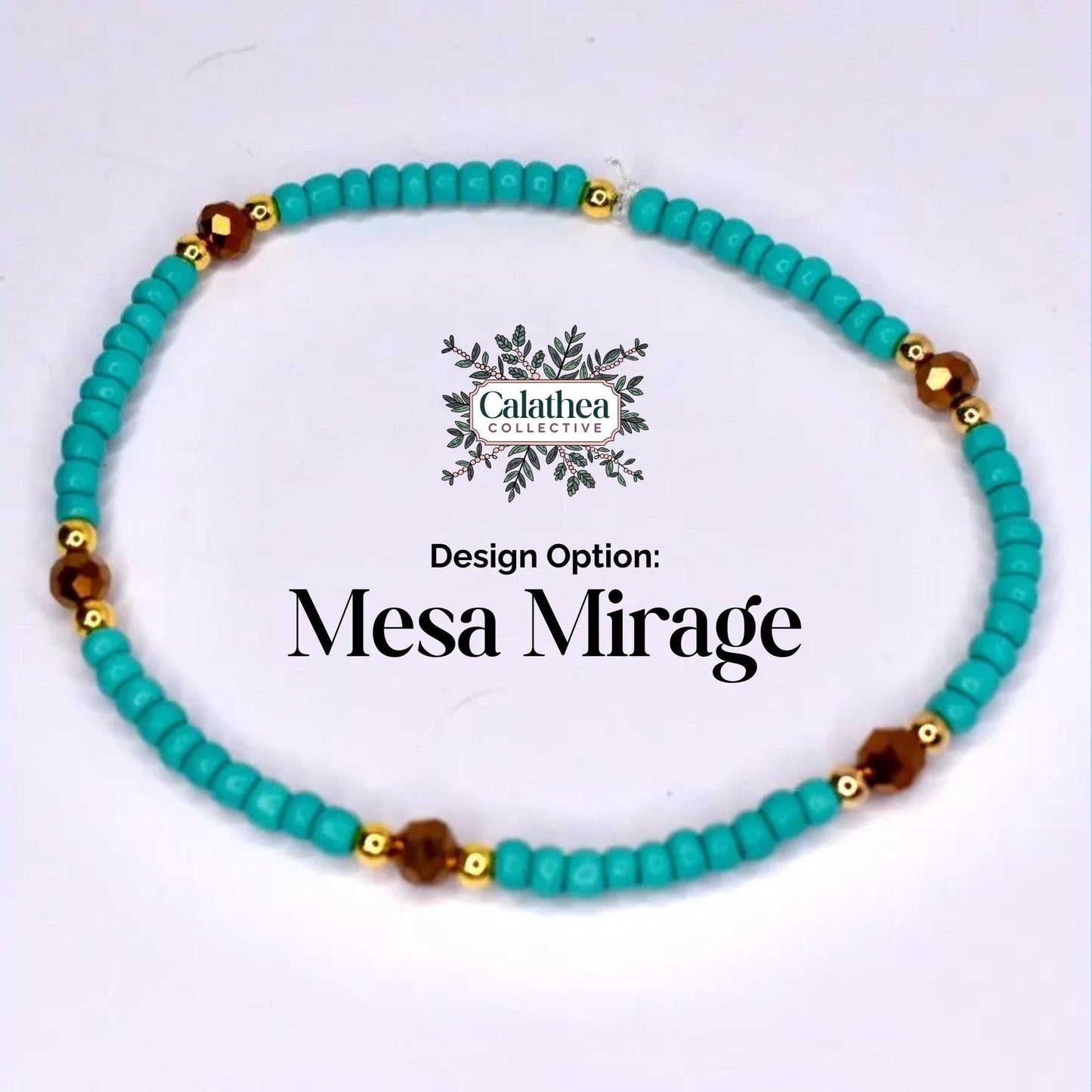 A turquoise beaded bracelet with gold accents and brown beads. The bracelet features small, round turquoise beads interspersed with gold-colored beads and larger brown beads. The design is labeled 'Mesa Mirage'.