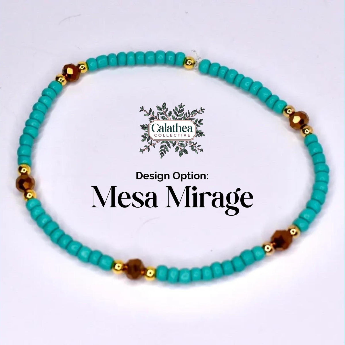 A turquoise beaded bracelet with gold accents and brown beads. The bracelet features small, round turquoise beads interspersed with gold-colored beads and larger brown beads. The design is labeled 'Mesa Mirage'.