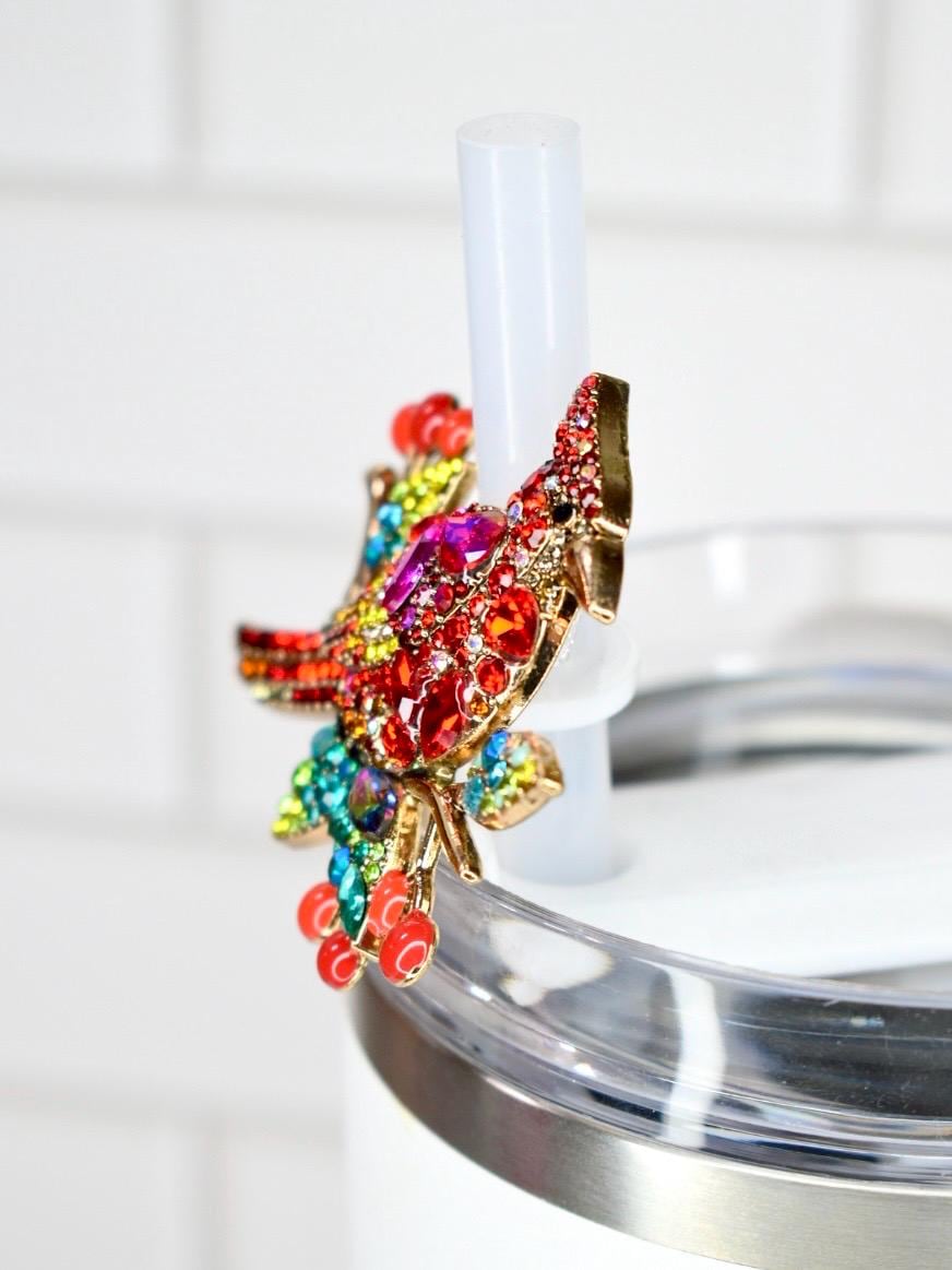 Cardinal Rhinestone Straw Charm - Colorful Bird Tumbler Jewelry