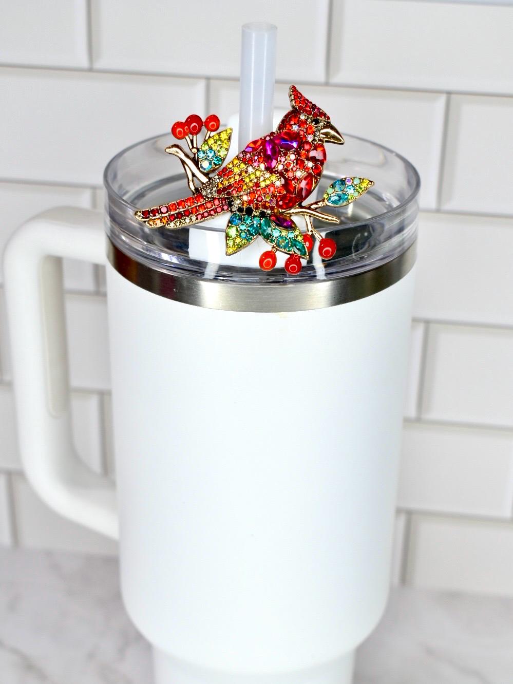 Cardinal Rhinestone Straw Charm - Colorful Bird Tumbler Jewelry