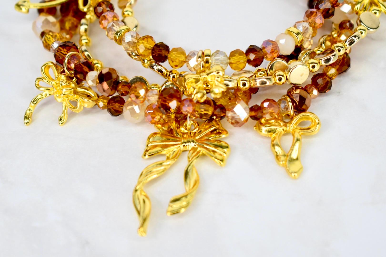 Chocolate Brown and Gold Bracelet Collection - Bow Charm Bracelets