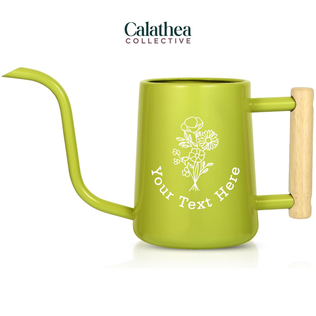 A bright green watering can with long gooseneck spout and wood handle with a white flower bouquet design and 'your text here' below the bouquet in white permanent vinyl.