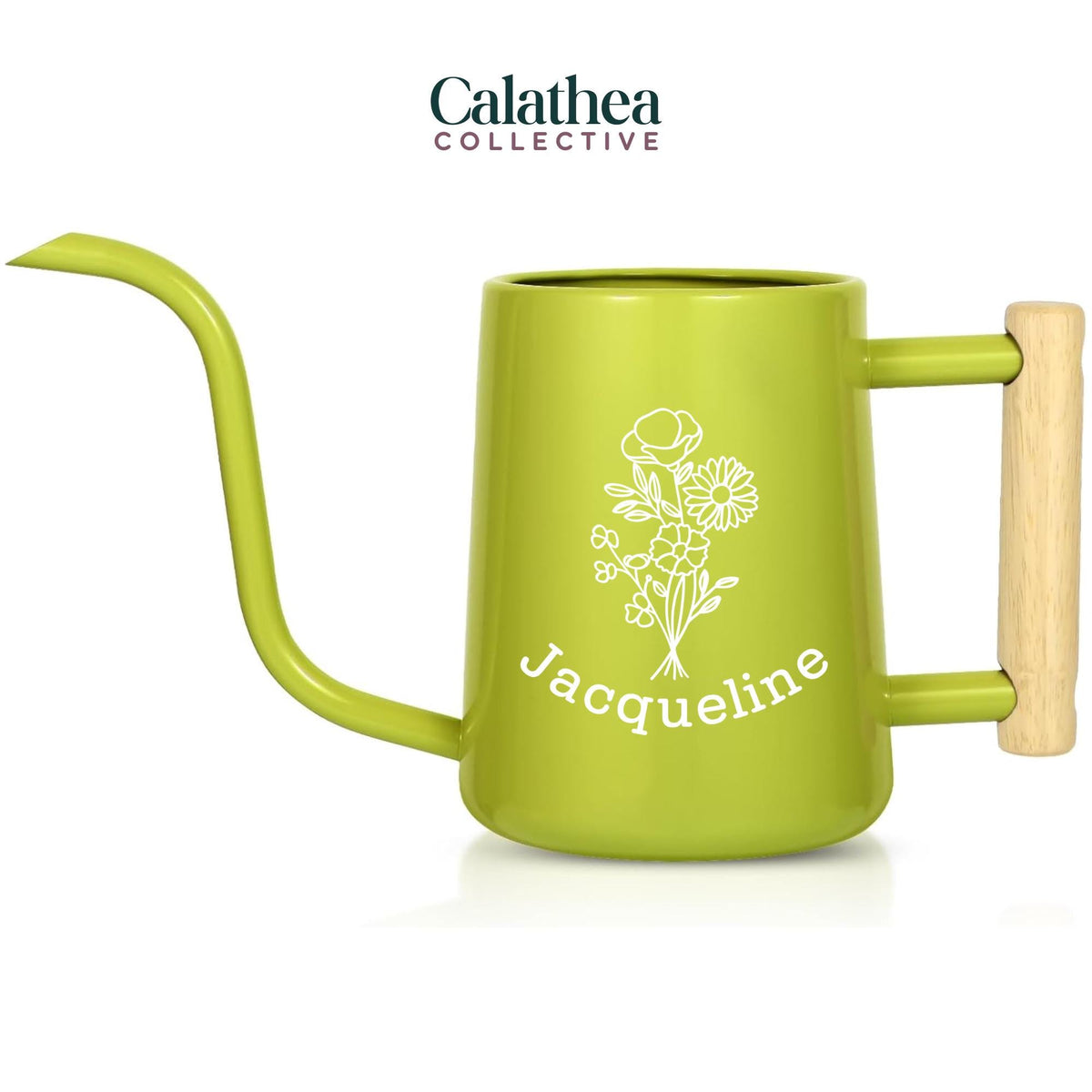 A bright green metal watering can with long gooseneck spout and wood handle with a white flower bouquet design and 'Jacqueline' below the bouquet in white permanent vinyl.