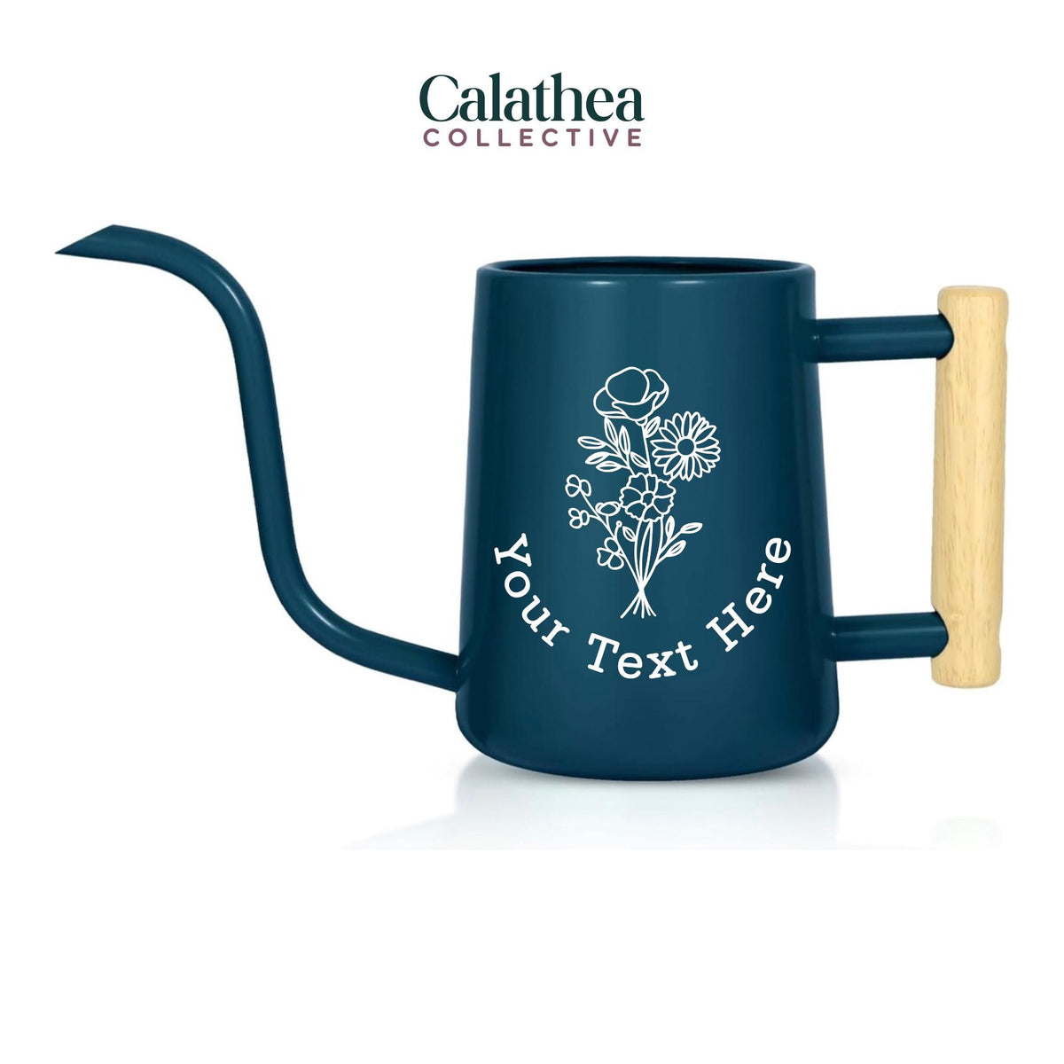 A navy blue watering can with long gooseneck spout and wood handle with a white flower bouquet design and 'your text here' below the bouquet in white permanent vinyl.