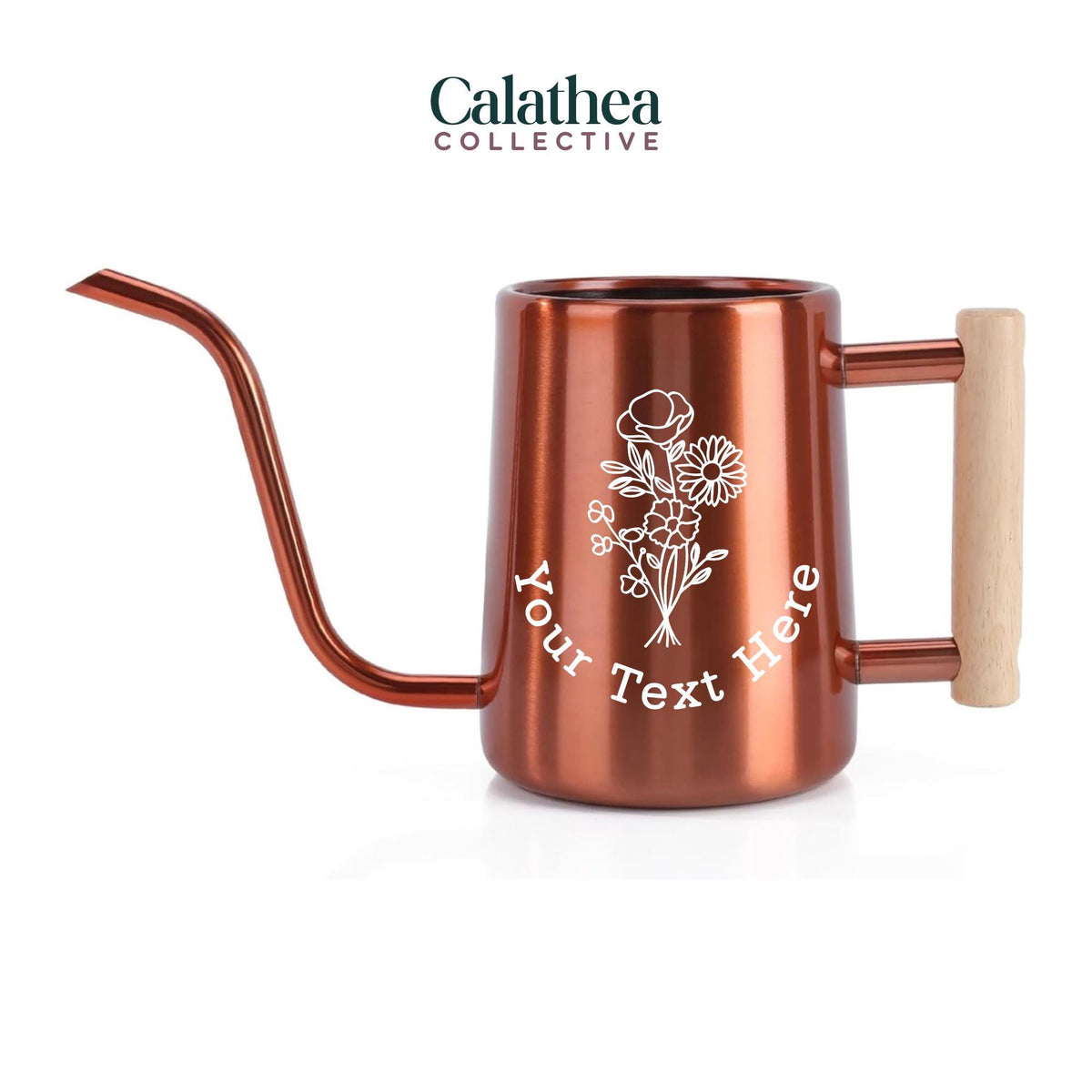 A copper watering can with long gooseneck spout and wood handle with a white flower bouquet design and 'your text here' below the bouquet in white permanent vinyl.
