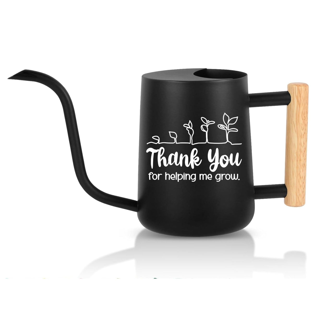 A black metal watering can with a wood handle. A line drawing of a plant growing and the words 'thank you for helping me grow' are on the side of the watering can in white vinyl.
