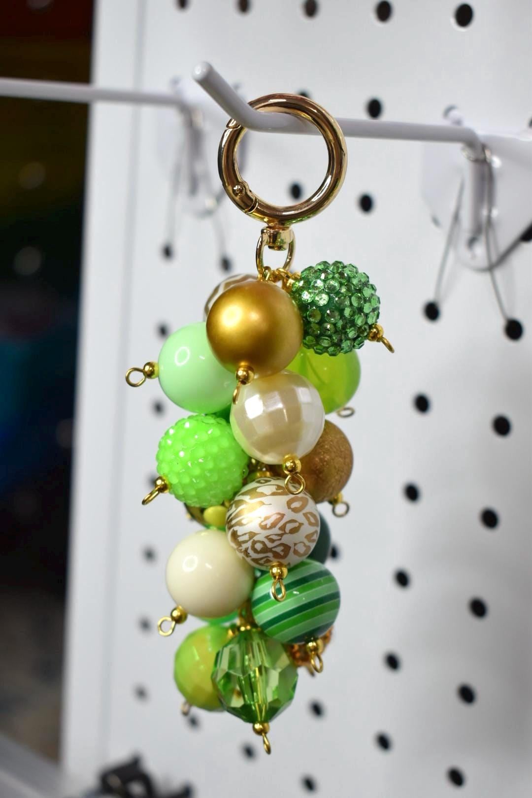 Green and Gold Beaded Bag Keychain or Tumbler Straw Charm