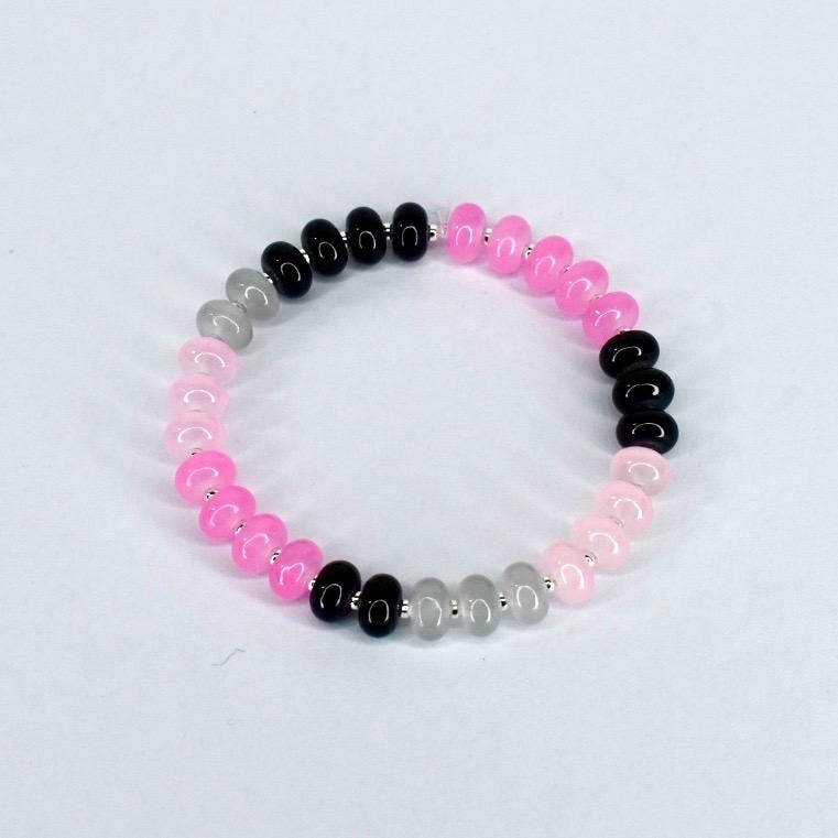 Glass Bead Stretch Bracelet with Pink, Black, and Gray Beads and Silver Spacers