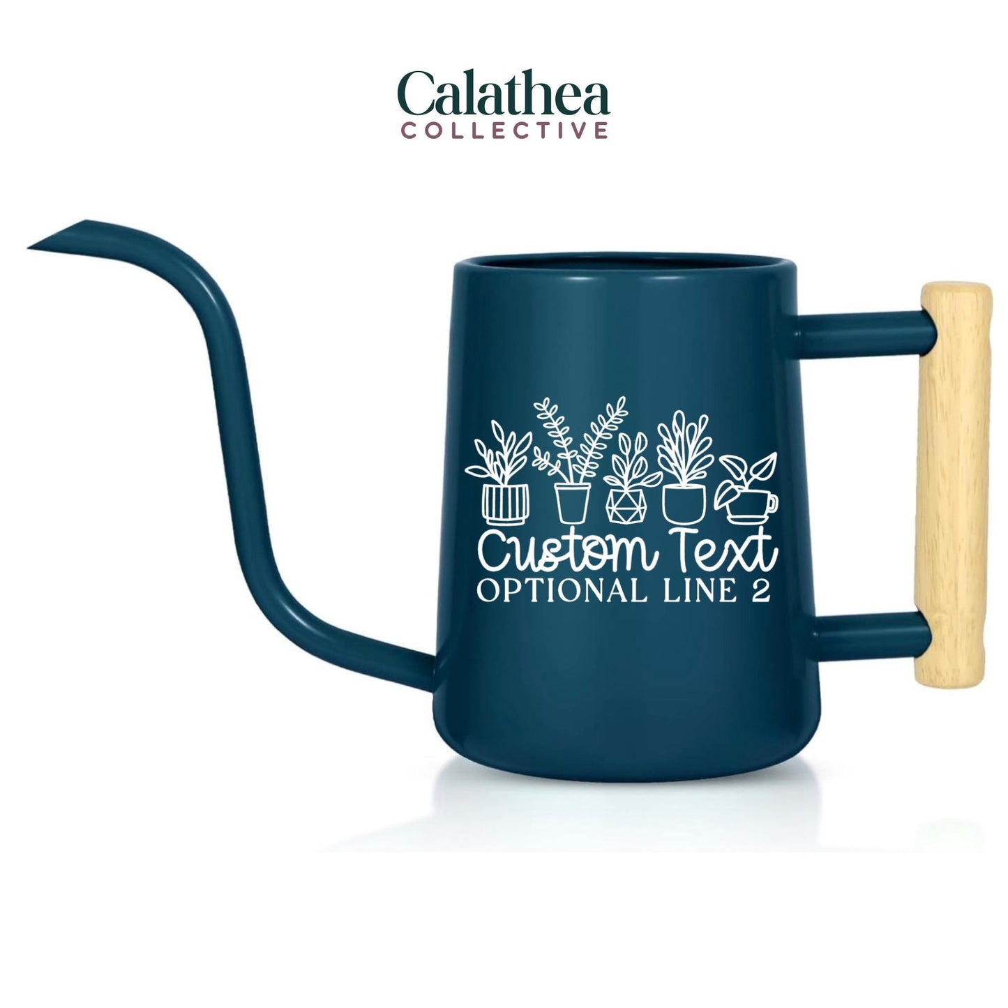 A navy blue watering can with a long, curved spout and a wooden handle. The can features a white graphic of potted plants and the text "Custom Text OPTIONAL LINE 2". The logo "Calathea COLLECTIVE" is at the top.