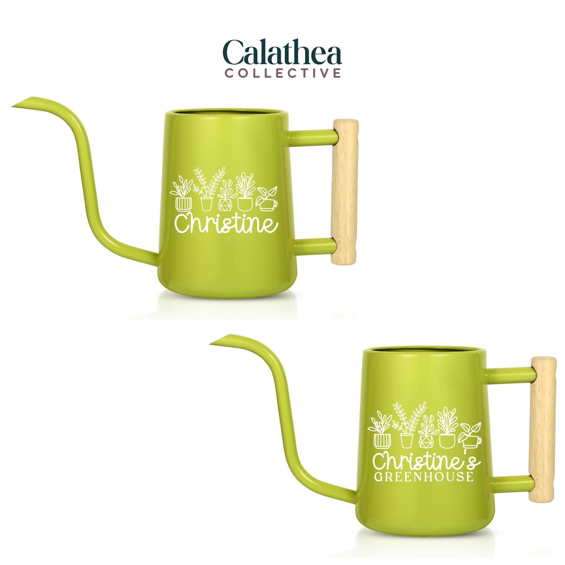 Two green watering cans with a long spout and wooden handle. The cans have white text that reads "Christine" and "Christine's Greenhouse" with plant illustrations. The brand name "Calathea Collective" is at the top.