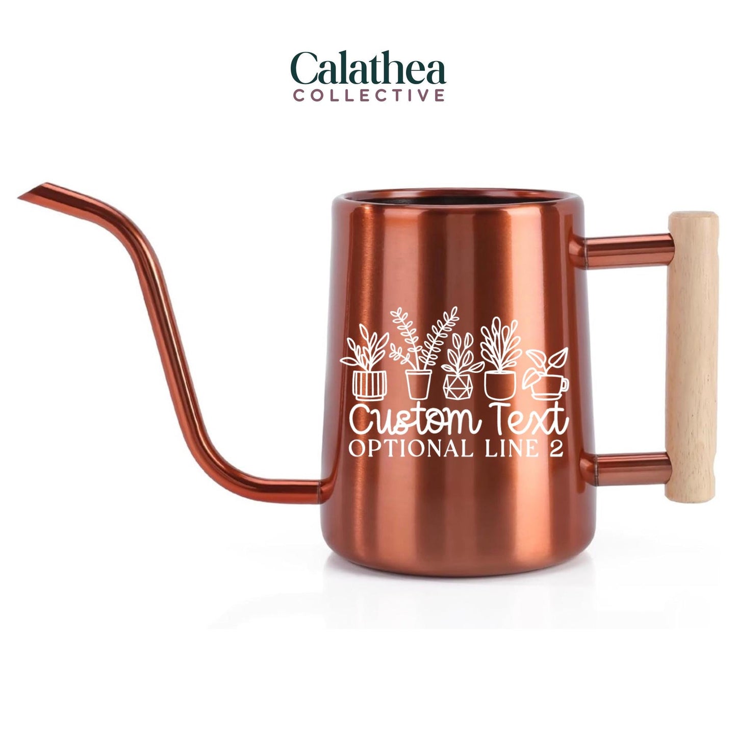 Copper-colored watering can with a long, curved spout and a wooden handle. The can features a white graphic of potted plants and the text "Custom Text Optional Line 2". The watering can is designed for indoor plant care.