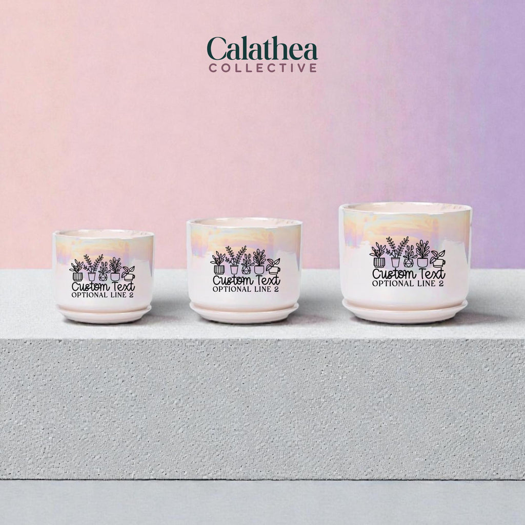 Custom Ceramic Planter Personalized Text Option Plant Pot Gift Iridescent Rainbow Finish Indoor Plant Container Drainage Hole Feature Healthy Root System Support Matching Saucer Included Water Collection Design Modern Home Decoration Unique