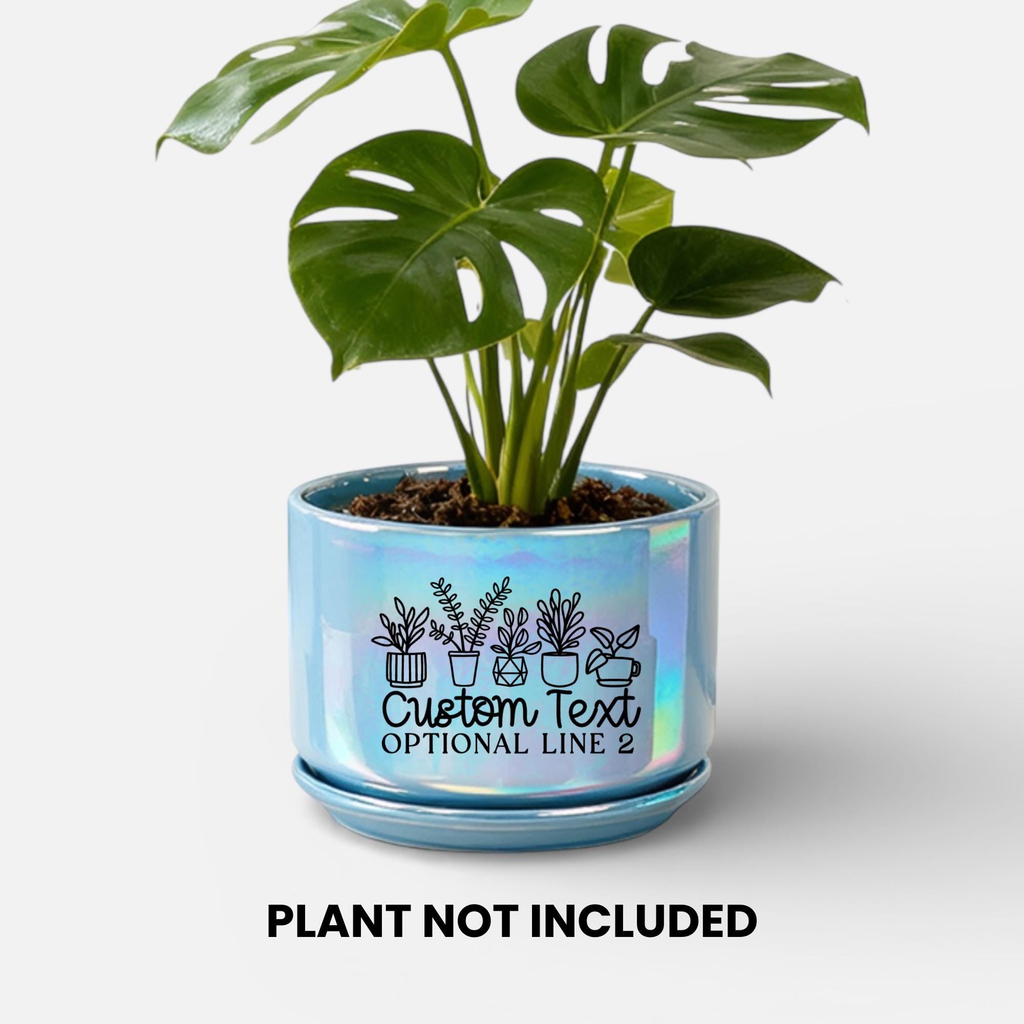 Personalized Planter Iridescent Blue Houseplant Pot with Saucer - Custom Text with House Plant Design