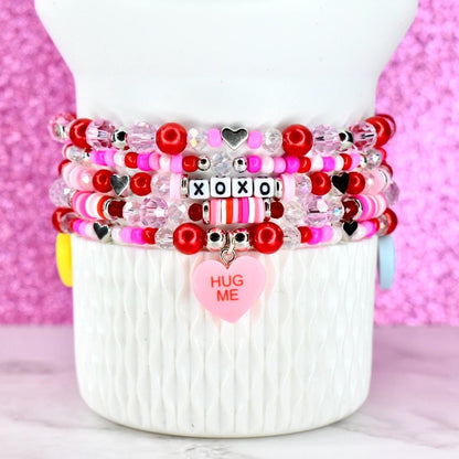 Beaded Bracelet Collection Valentine Heart Charm Set Stackable Jewelry Pieces XOXO Love Letters Pink Red Crystal Combination Romantic Accessory Gift Valentine Day Present Cute Candy Heart Design Fashion Statement Piece Trendy Arm Candy
