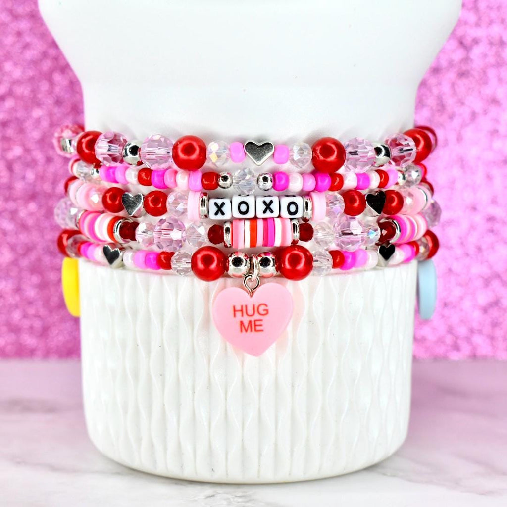Beaded Bracelet Collection Valentine Heart Charm Set Stackable Jewelry Pieces XOXO Love Letters Pink Red Crystal Combination Romantic Accessory Gift Valentine Day Present Cute Candy Heart Design Fashion Statement Piece Trendy Arm Candy