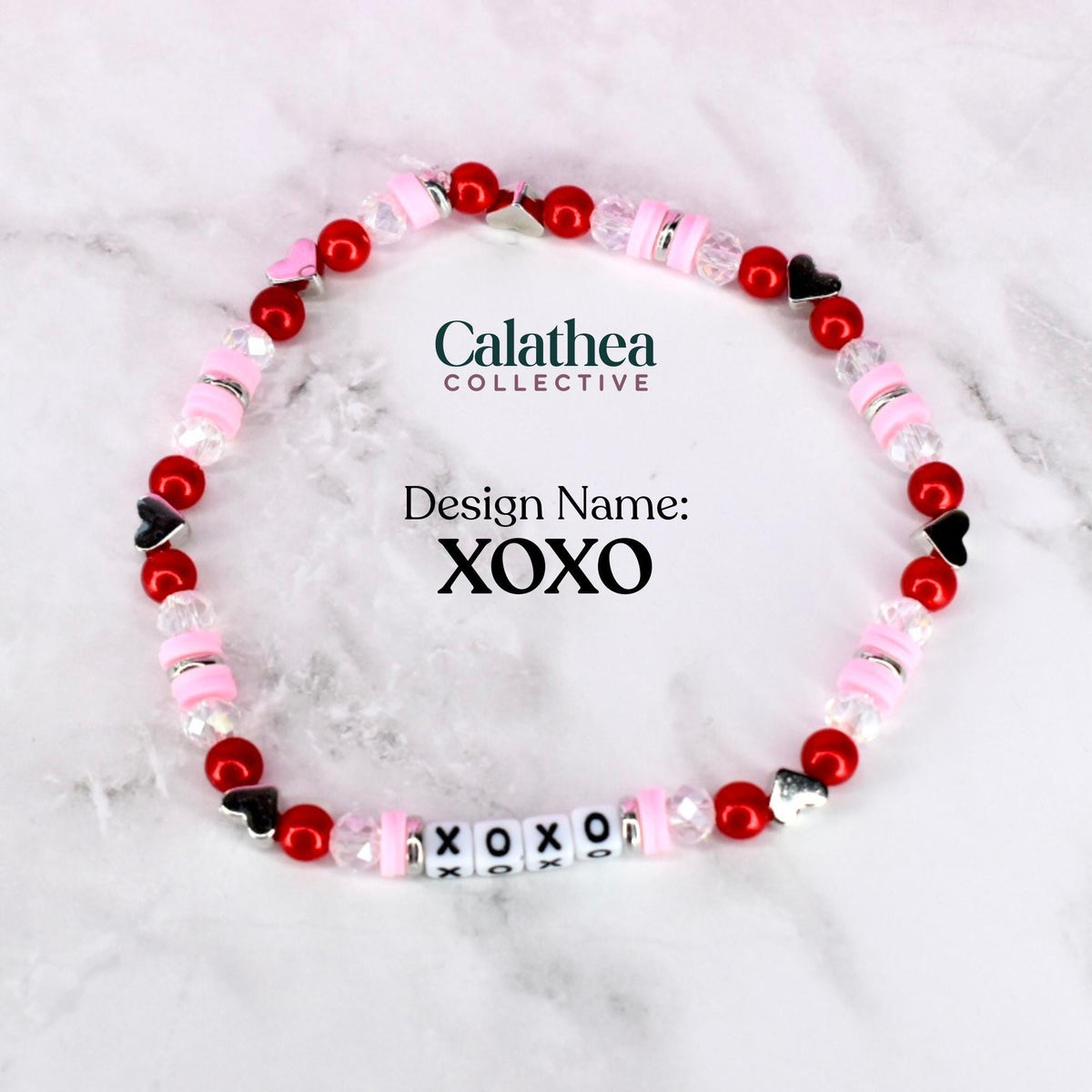 A single bracelet with red and pink beads and letter beads spelling XOXO in the bottom center of the image. The center of the photo shows the design name 'XOXO.'