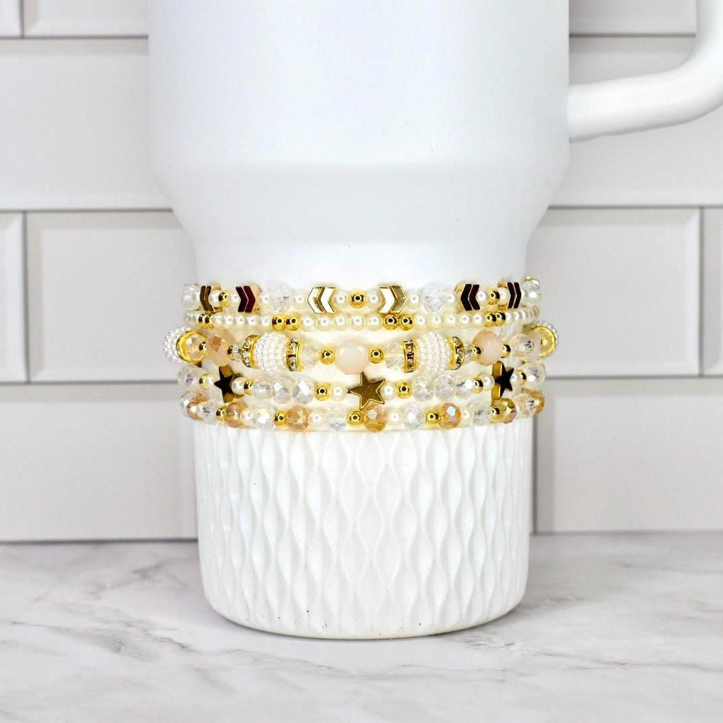Shimmer Bracelet Set Starlight Collection Celestial Design Crystal Wrist Accessory Glass Pearl Combination Gold Accent Details Five Piece Bracelet Set Dainty Layered Look Magical Sparkle Effect Elegant Birthday Gift Luxe Present Idea