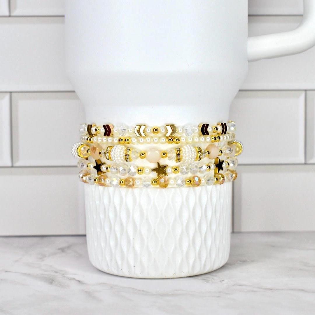 Shimmer Bracelet Set Starlight Collection Celestial Design Crystal Wrist Accessory Glass Pearl Combination Gold Accent Details Five Piece Bracelet Set Dainty Layered Look Magical Sparkle Effect Elegant Birthday Gift Luxe Present Idea