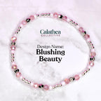 A delicate bracelet featuring pink and silver beads. The bracelet includes faceted pink crystal beads, small silver beads, and a few dark gray beads. The design name "Blushing Beauty" is displayed in the image.