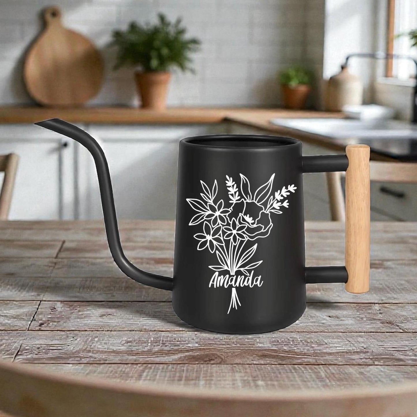 Personalized Watering Can with Floral Bouquet and Customizable Name or Word Design