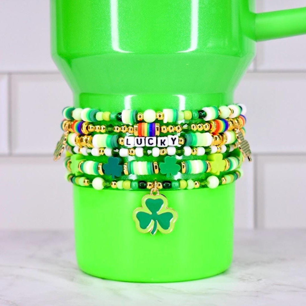 Irish Gift Bracelet Shamrock Beaded Design Holiday Celebration Accessory Green Gold Color Scheme Lucky Charm Collection Festive Wrist Wear Tumbler Decoration Option Handmade Quality Piece Elastic Stretch Band Stackable Collection March