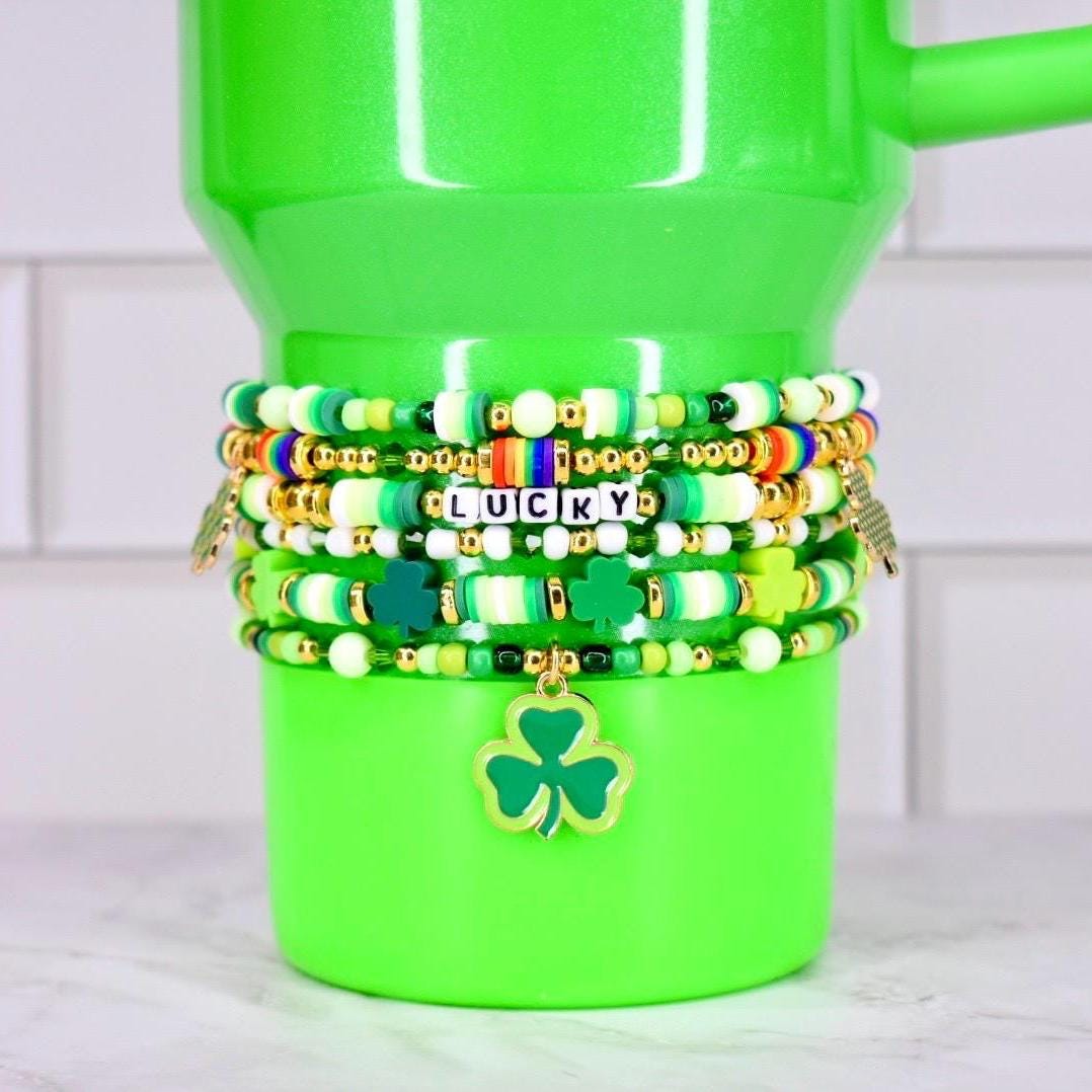 Irish Gift Bracelet Shamrock Beaded Design Holiday Celebration Accessory Green Gold Color Scheme Lucky Charm Collection Festive Wrist Wear Tumbler Decoration Option Handmade Quality Piece Elastic Stretch Band Stackable Collection March