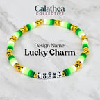 Handmade beaded bracelet with LUCKY letter beads and shamrock charm for St. Patrick’s Day