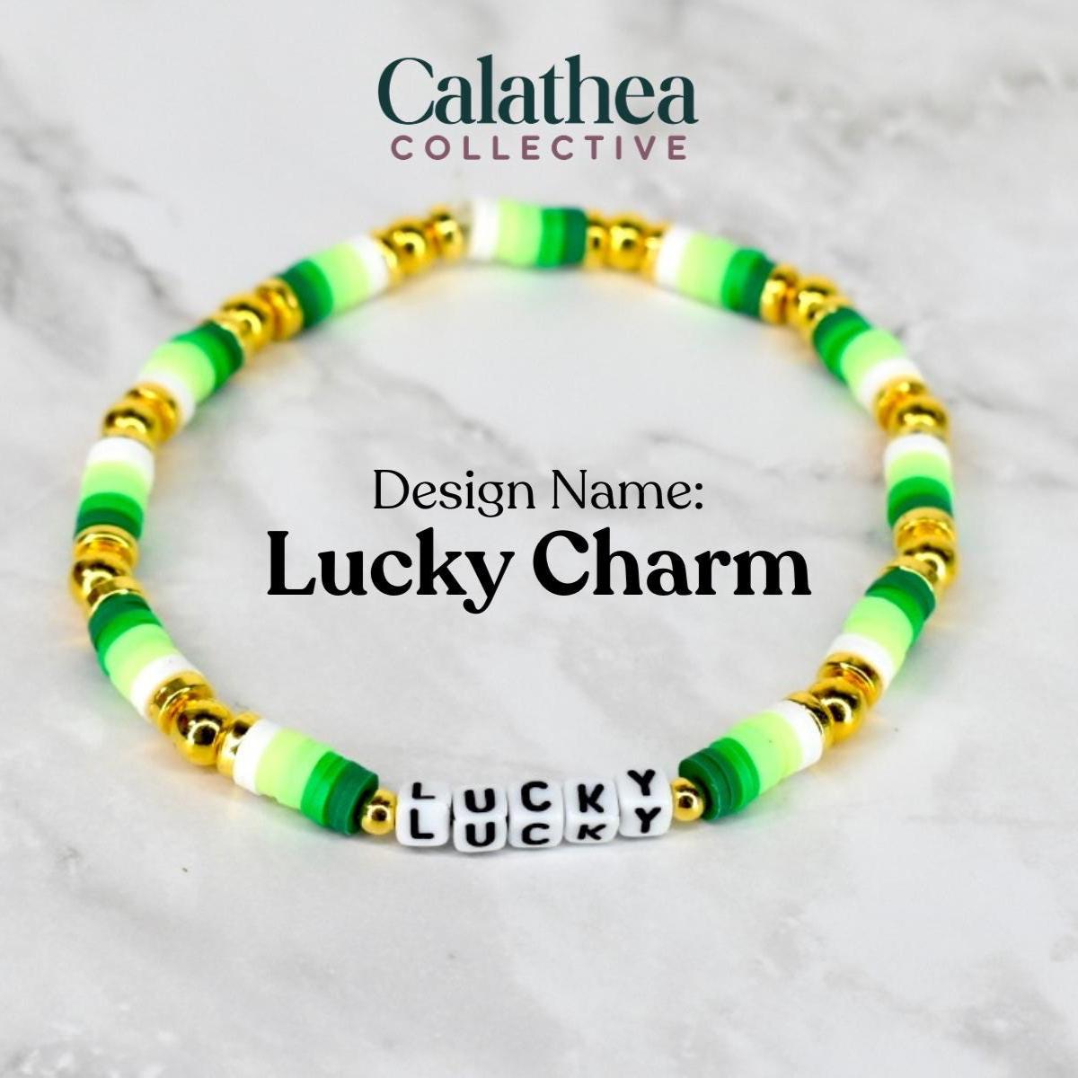 Handmade beaded bracelet with LUCKY letter beads and shamrock charm for St. Patrick’s Day