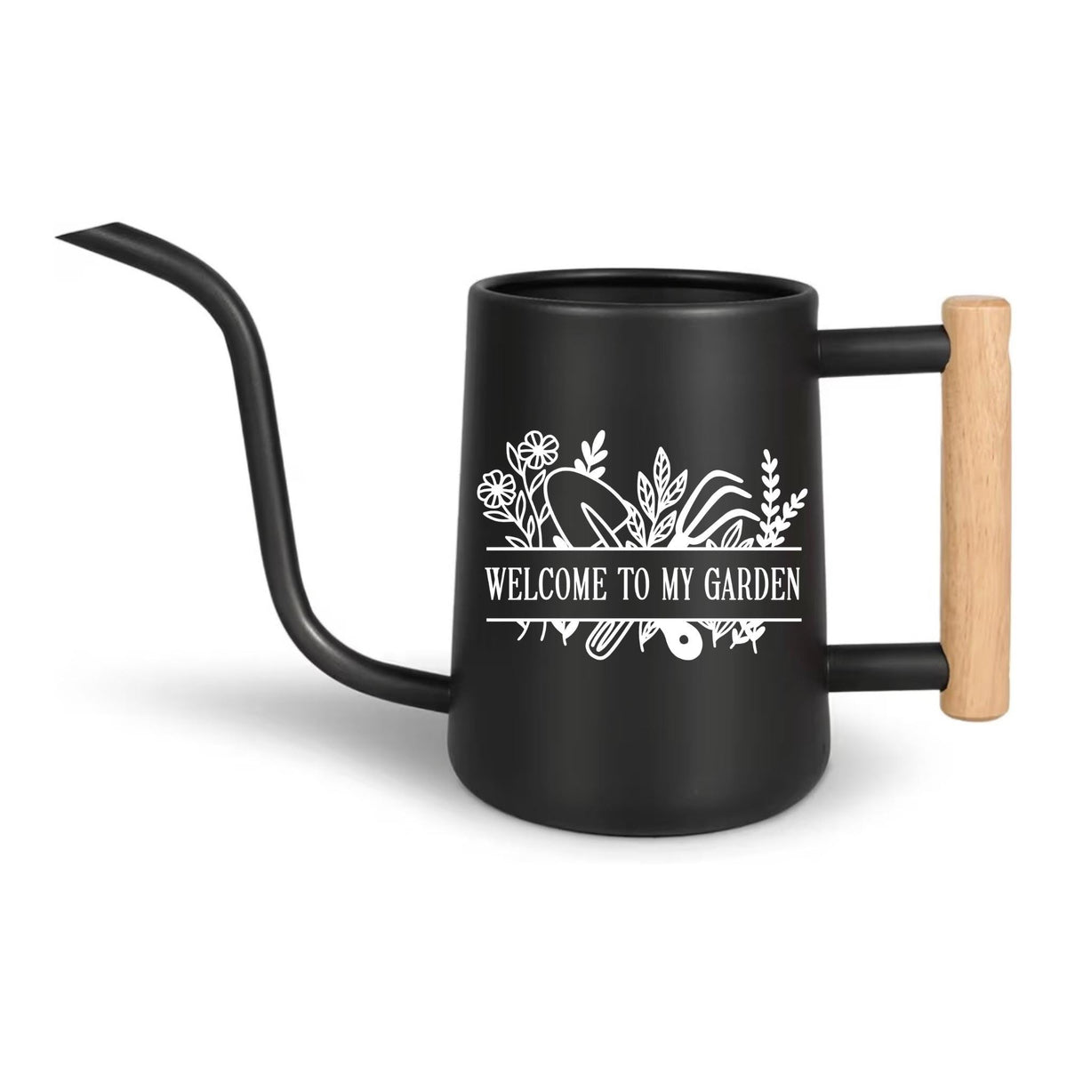 A black metal watering can with a long, curved spout and a wooden handle. The can features a white floral design and the text "WELCOME TO MY GARDEN". Ideal for gardening and watering plants.