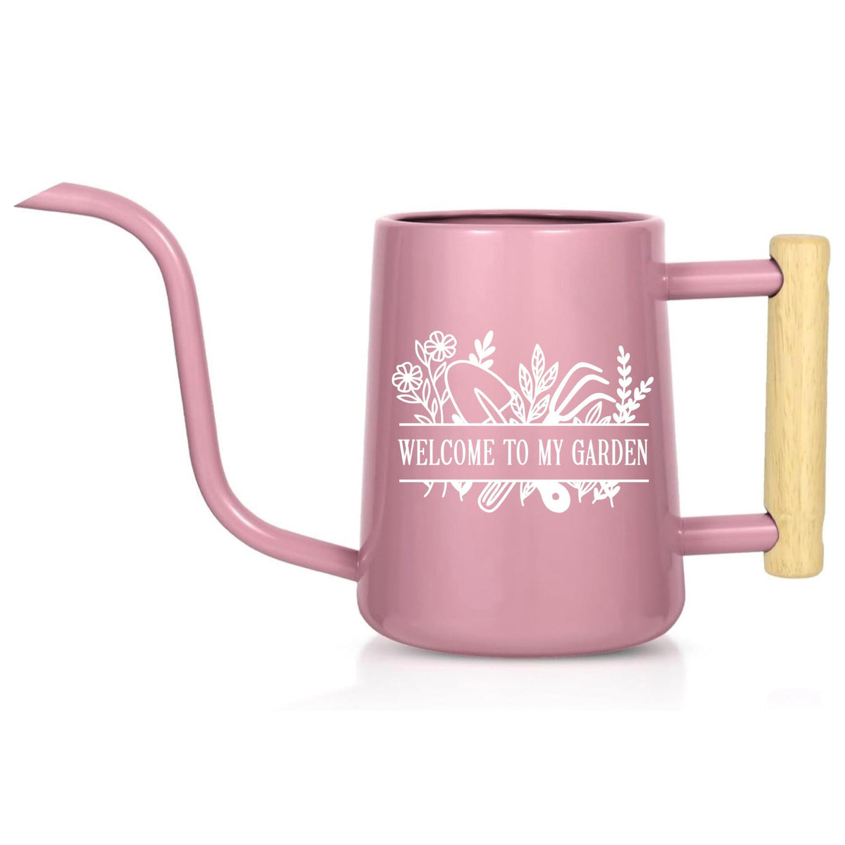 A pink metal watering can with a long, curved spout and a wooden handle. The can features a white floral and gardening tool design with the text "WELCOME TO MY GARDEN".