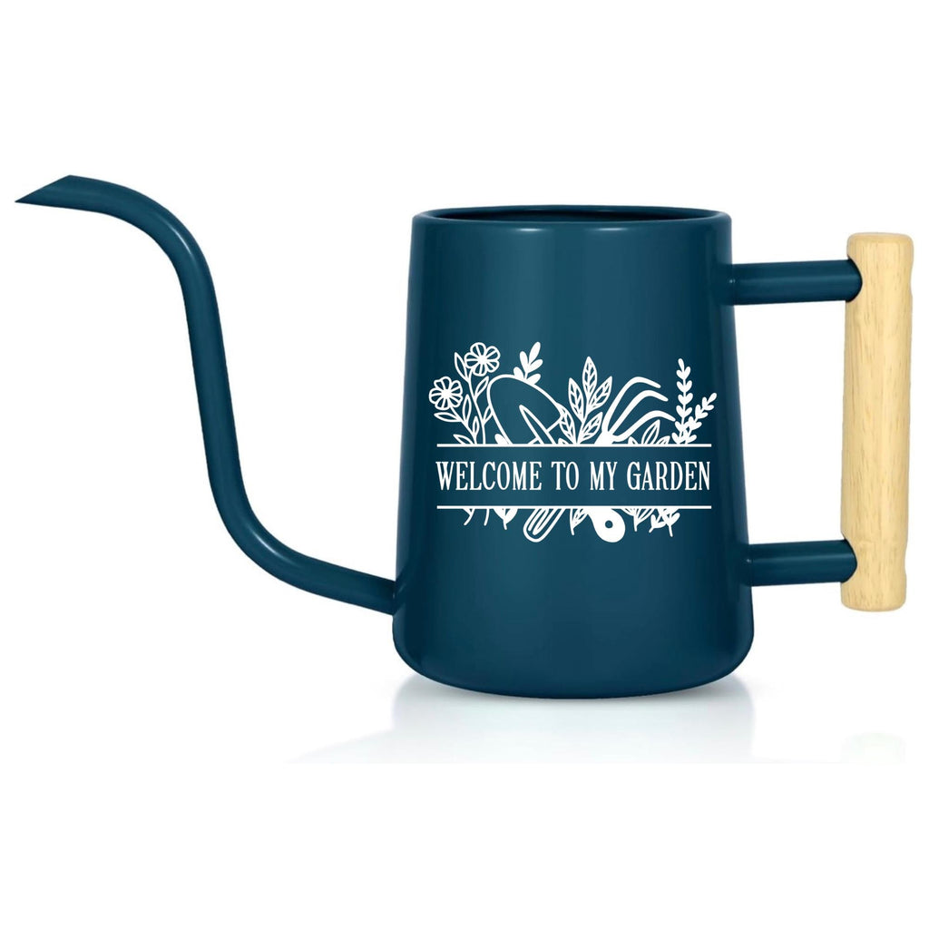 A dark blue watering can with a long, curved spout and a wooden handle. The can features white text that reads "WELCOME TO MY GARDEN" with floral and gardening tool illustrations. Ideal for gardening.