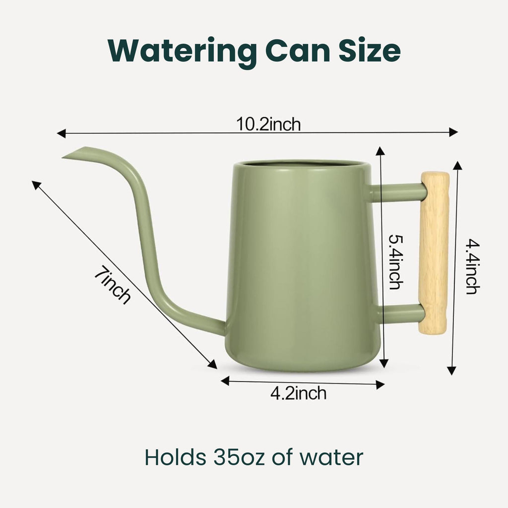 Sage green watering can with a wooden handle. The can is 10.2 inches long, 7 inches high, and 4.2 inches wide. The handle is 5.4 inches high and 4.4 inches wide. Holds 35oz of water. Text: Watering Can Size.
