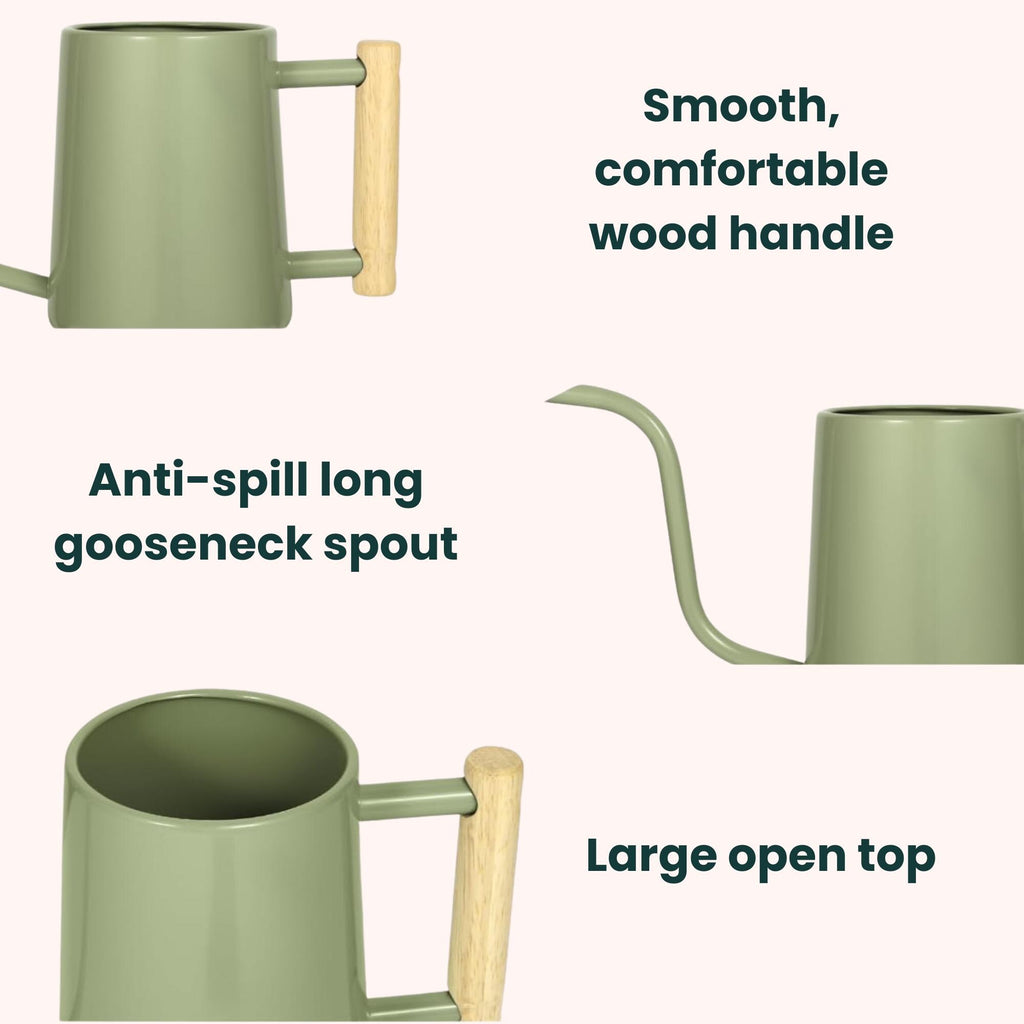 Sage green watering can with a long gooseneck spout and a light wood handle. The text on the image says "Smooth, comfortable wood handle", "Anti-spill long gooseneck spout", and "Large open top".