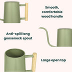 Sage green watering can with a long gooseneck spout and a light wood handle. The text on the image says "Smooth, comfortable wood handle", "Anti-spill long gooseneck spout", and "Large open top".