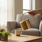 A gold-colored watering can with a long spout and a circular handle is being used to water small potted plants. The can has a floral design and the name "Amanda" printed on it. A white mug with a wooden base sits on the table.