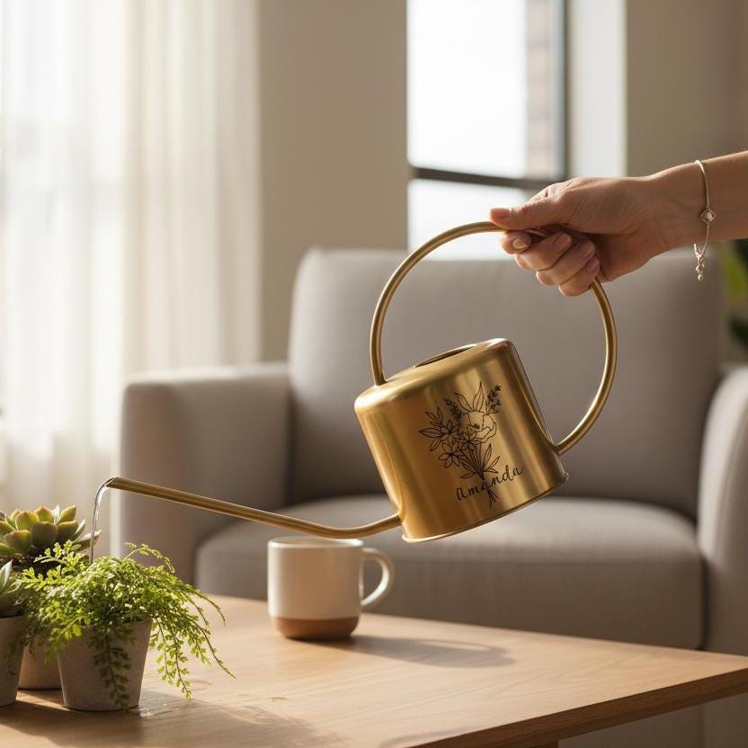 A gold-colored watering can with a long spout and a circular handle is being used to water small potted plants. The can has a floral design and the name "Amanda" printed on it. A white mug with a wooden base sits on the table.