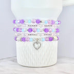 Heart Charm Beaded Bracelet Set – Purple, Pink & Blue Valentine's Day Jewelry