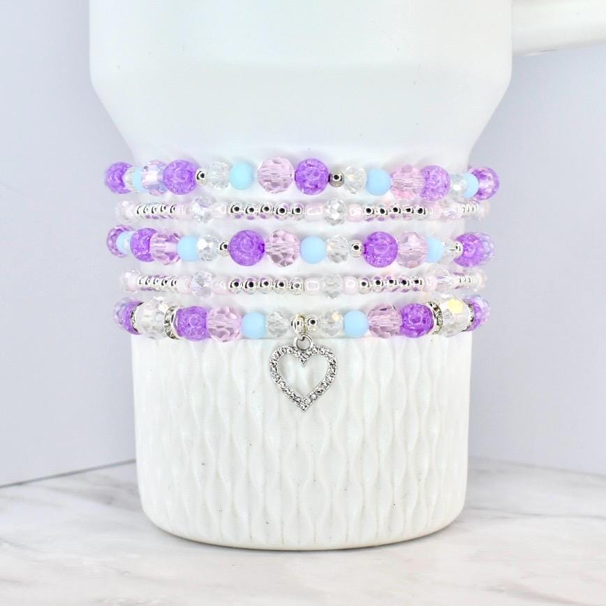Heart Charm Beaded Bracelet Set – Purple, Pink & Blue Valentine's Day Jewelry