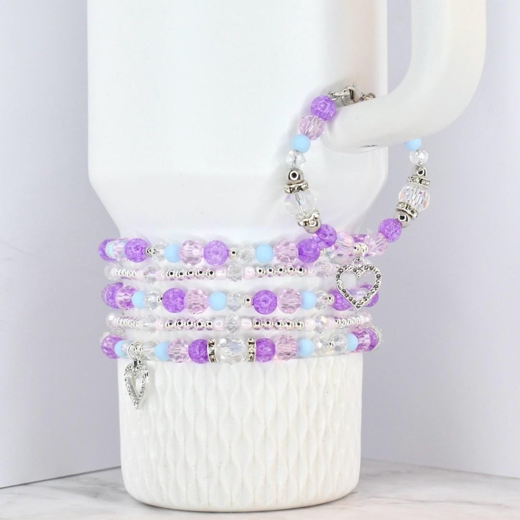 Heart Charm Beaded Bracelet Set – Purple, Pink & Blue Valentine's Day Jewelry